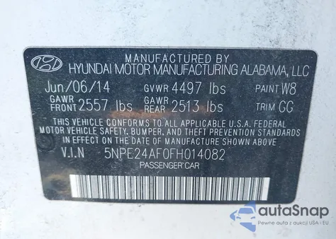 2015 Hyundai Sonata Se z USA, uszkodzony, nr VIN 5NPE24AF0FH014082